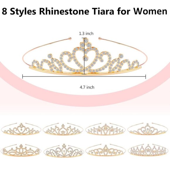8 Pack Princess Crown Tiaras Rhinestones Rose Gold for Weddings Proms main image 6